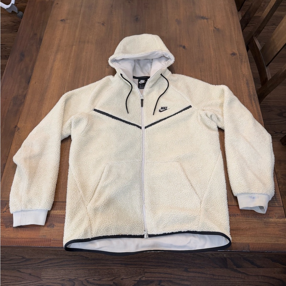 Nike men’s tech fleece Sherpa Windrunner zip up jacket w hood size L cream